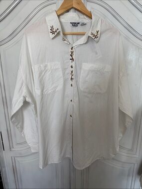 NWT White Embroidered Button-Up Blouse | Boho Vintage Coastal Cotton Top Size 2X